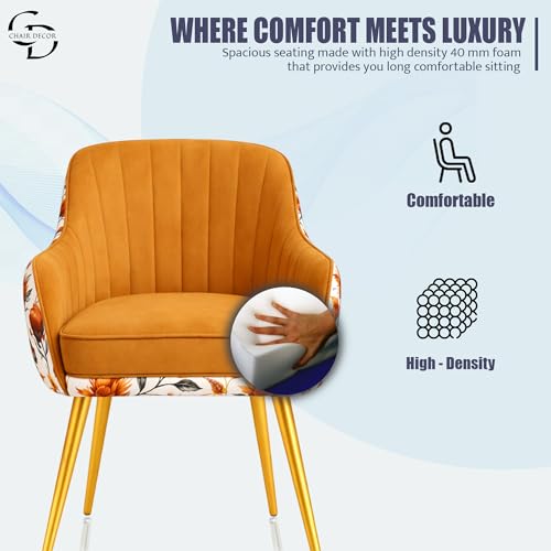 Image of Velvet Accent Chair | Luxury Upholstered Armchair with Sturdy Metal Legs | Modern Comfortable Chair for Living Room, Bedroom, Office, or Cafe (Golden Legs, Light Brown Floral)
