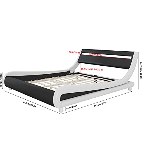 Image of Keyluv Upholstered Full LED Bed Frame with Headboard, Modern Low Profile Platform Bed with Strong Slats Support, Faux Leather Wave-Like Bed Frame, Easy Assembly, No Box Spring Needed, Blackwhite