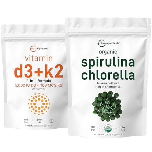 Micro Ingredients Organic Chlorella Spirulina 3000mg Tablets & Vitamin D3 5000iu + K2 100mcg Bundle 2 Pack | Cracked Cell Wall, Rich in Vegan Protein & Chlorophyll | Essential Sunshine Vitam