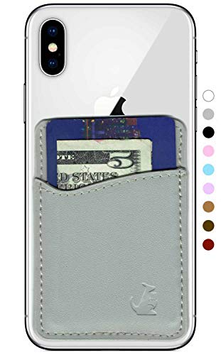 Premium Leather Phone Card Holder Stick On Wallet for iPhone and Android Smartphones (Light Grey Leather) by Wallaroo