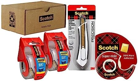 Scotch Shipping Pack, Complete Scotch Shipping Tape Dispenser Kit with Scotch Super Hold Tape, 2 Scotch Heavy Duty Packaging Tape Rolls, and a Precision Mini Box Cutter Knife