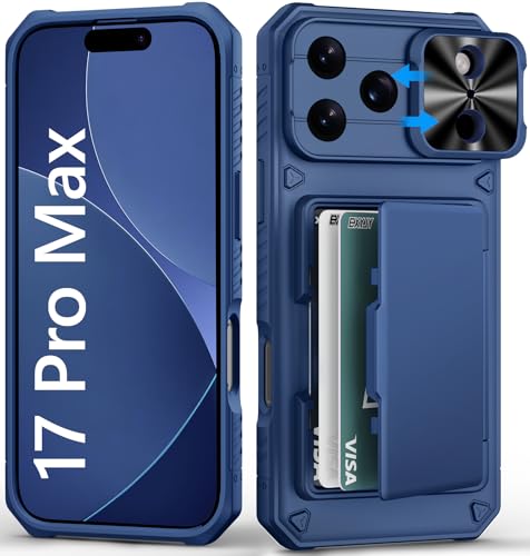 BXYJY for iPhone 17 Pro Max Case Wallet with Card Holder (4-5 Cards) Slide Camera Cover Military Grade Drop Shockproof Heavy Duty Rugged Women Men Phone Case for iPhone 17 Promax 6.9 2025 Blue