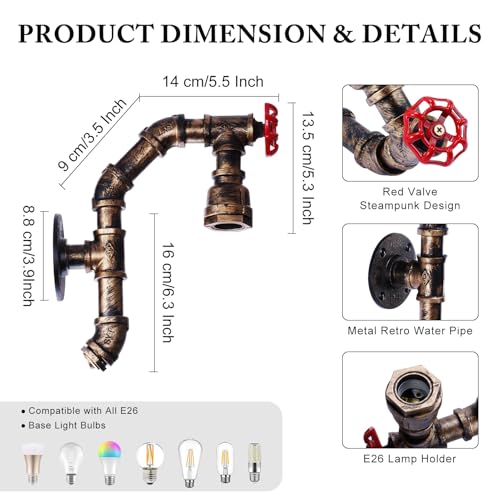 Image of XEYOU Retro Wall lamp Vintage Industrial Steampunk Wall Sconce with Switch Metal Water Pipe Wall Mounted Light Fixture E26 Edison Bulb for Cafe Bar Restaurant Bedroom Livingroom