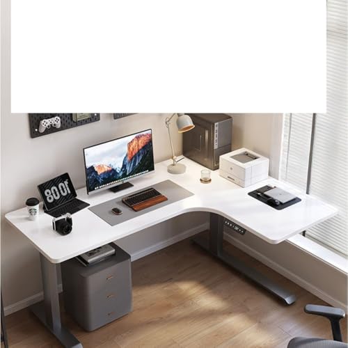 Emidor 電動スタンディングデスク、パソコンデスク、L字型、高さ調節可能、(電源コンセント付き)、モニタースタンド付きコーナーゲーミングテーブル、アンティークホワイト(デュアルモーター、1.6 x 1.1 m) (右です,C)