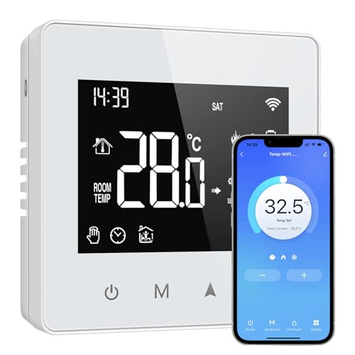 Thermostat Connecté WiFi, Tuya Thermostat Connecté Thermostats Chaudiere Gaz, avec Écran LED Tactile, Thermostats programmable, Compatible avec Alexa et Google Home,Commande Vocale et à Distance