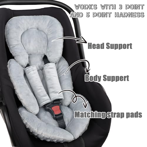 Image of Infant Car Seat Insert Head and Body Support, GFU Reversible Newborn Insert for Carseat with Strap Pads, Soft Stroller Cushion Pillow Insert for Boys and Girls, Fits for Stroller, Swing, Grey