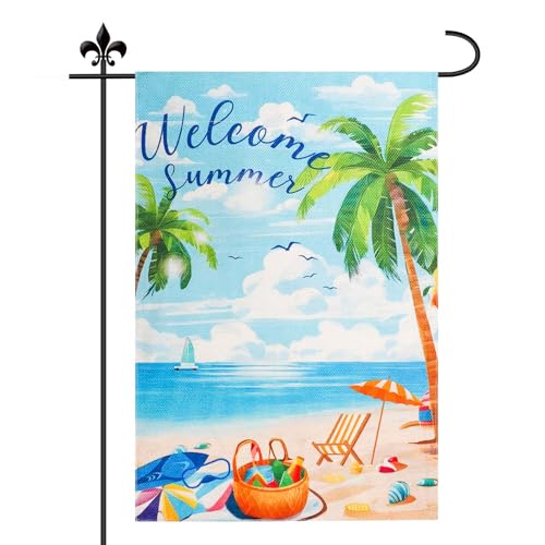 Summer Garden Flag - Welcome Beach Coconut Tree Yard Flag 12x18 Inch Double Sided for Outside Holiday Outdoor House Seasonal Porch Home Decoration