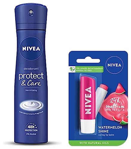 Image of NIVEA Lip Balm, Fruity Watermelon Shine, 4.8g & Nivea Deodorant, Protect & Care for Women, 150ml