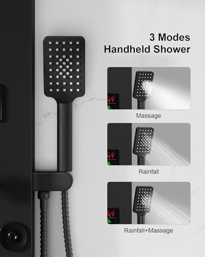 Homevacious 5 In 1 Shower Panel Tower System LED Rain Waterfall Shower Head and Adjustable Massage Body Jets 3 Settings Handheld Head and Tub Spout Stainless Steel Bathroom Panel Matte Black - Thumbnail 5