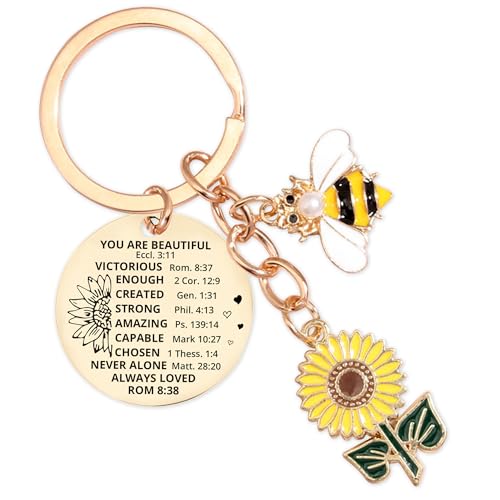Christian Gifts Inspirational Sunflower Keychain - Religious Bible Verse Christ