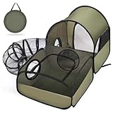 Portable Cat Playpen with Surround Tunnel, 2-Linked-Enclosed Areas, Ideal Cat Tent Outdoor or Cat Playpen for Indoor Cats Enclosed.Breathable Mesh Design for Indoor & Outdoor Use(Green)