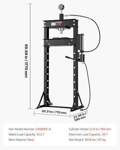 Image of VEVOR 20-Ton Hydraulic Shop Press, H-Frame Manual /Pneumatic Shop Press