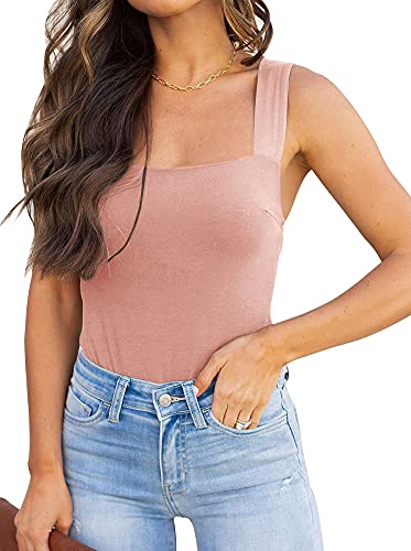 REORIA Womens Sexy Club Square Neck Sleeveless Tank Tops Bodysuits Stretchy Leotard Clubwear Pink Medium