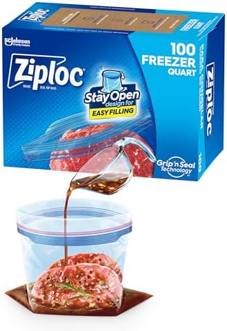 Ziploc Quart Food Storage Freezer Bags, Stay Open Design with Stand-Up Bottom, Easy to Fill, 100 Count