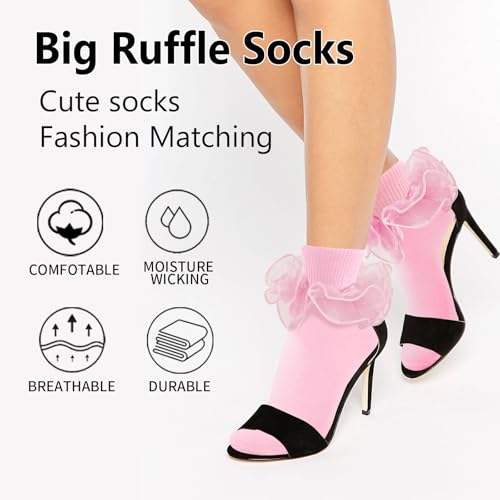 Image of Women Big Ruffle Ankle Socks Adult Double Lace Frilly Socks Fold Cuff Cotton Ruffled Dress Crew Bobby Bride Sock