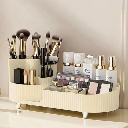 Image of ALOXE Makeup Organisers | 360 Rotating Brush Holder & Elegant Organizer Storage Box for Dressing Table, Skincare, Cosmetics & Accessories (Ivory)