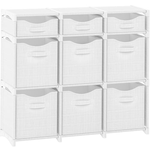 9 Cube Closet Organizers And Storage | Includes All Storage Cube Bins | Easy To Assemble Closet Storage Unit With Drawers | Room Organizer For Clothes, Baby Closet Bedroom, Playroom, Dorm (White Grey)