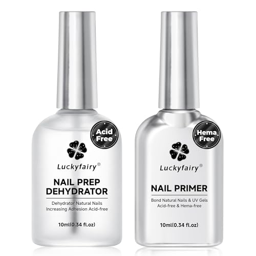 Luckyfairy Nail Dehydrator and Primer Acid-Free & HEMA-Free Nail Prep Kit for Gel Nails & Press ons No Lift Primer Strong Adhesion Bond No Lamp Needed