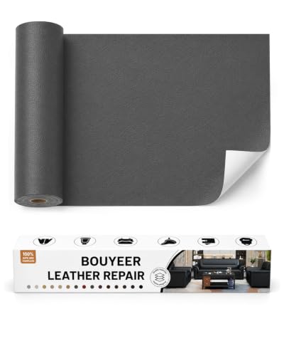 BOUYEER Leather Repair Patch Tape Kit,Self Adhesive Leather Repair for Sofa，Car Seat,Office Chair,Furniture,Jacket,Waterproof Strong Adhesive Vinyl Repair Kit. 17 in x 79 in,Dark Grey