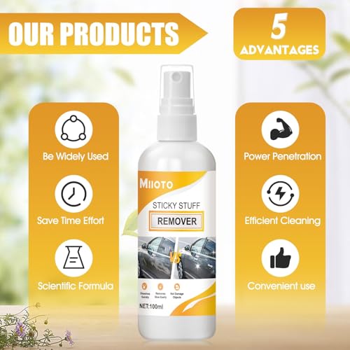 Miioto Klebereste Entferner Auto, Sekundenkleber Entferner, Klebstoffentferner Extra Stark, Schaber X10, Klebereste Entferner Fensterrahmen, Etikettenentferner, Entfernen sie Hartnäckige Tags, 100ml