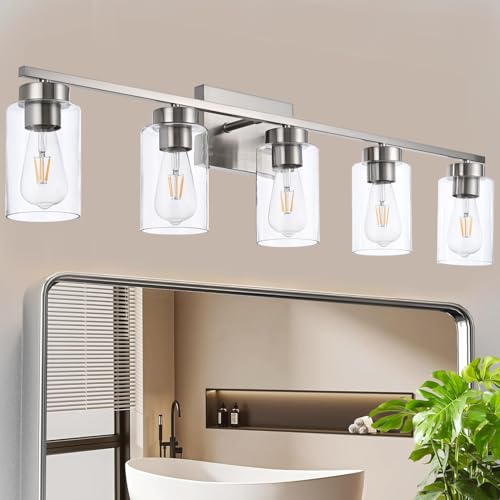 A1A9 5 Light Bathroom Vanity Light Fixtures, Brush Nickel Modern