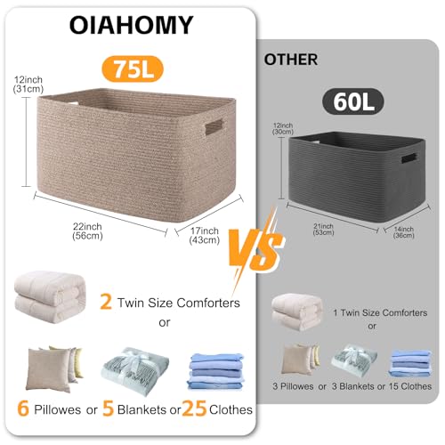 OIAHOMY 75L Large Woven Cotton Rope Storage Basket with Handle for Organizing Blanket and Toys for Living Room, Nursery, Brown Variegated 22”x17”x12” - Image 4