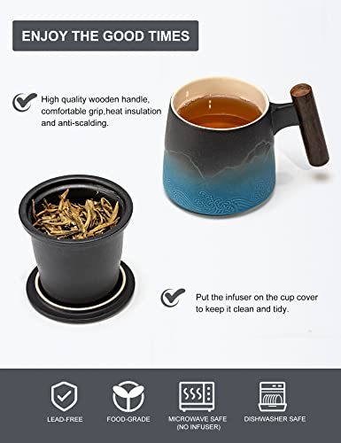 Suyika Ceramic Tea Cup With Infuser And Lid Tea Mugs Wooden Handle For Steeping Loose Leaf Tea 400Ml, 13.5 Oz, Gradient Navy Blue & Black #TOP5