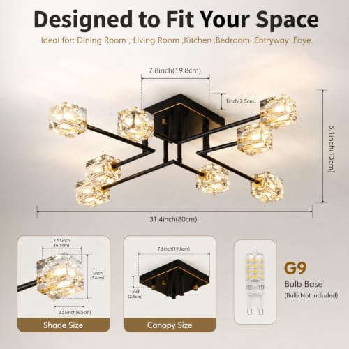 8-Light Crystal Semi Flush Mount Ceiling Light,Black Gold Sputnik Fixture by OKES - Used condition - Image 3
