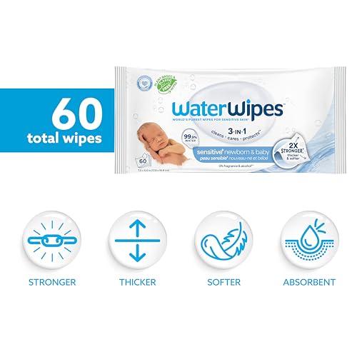 WaterWipes Sensitive+ Newborn & Baby Wipes, 3-In-1 Cleans, Cares, Protects, 99.9% Water, Unscented & Hypoallergenic, 60 Count - Thumbnail 2