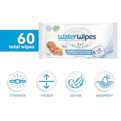 مناديل WaterWipes Sensitive+ لحديثي الولادة والأطفال، 3 في 1 تنظف وتعتني وتحمي، 99.9% ماء، غير معطرة ومضادة للحساسية، 60 قطعة