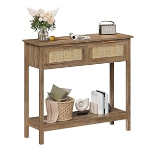 Farmhouse Rattan Console Table with 2 Drawers 2 Tier Boho Narrow Long Sofa Table Natural with Open Storage Shelf Wood Entryway Table for Living Room Hallway Foyer