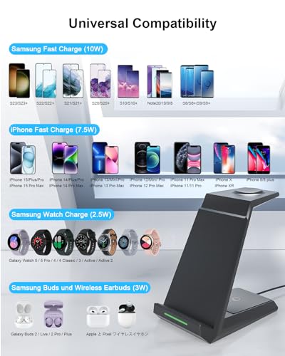 Induktive Ladestation für Samsung,ADADPU Kabelloses Ladegerät 3 in 1 Kompatibel für Galaxy Watch 6/5/5 Pro/4/3/Active 2,Wireless Charger für Samsung S24 S23 S22 Ultra S21 Note 20 Galaxy Buds – Bild 5
