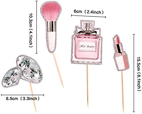 Blumomon 28Pcs Glitter Makeup Cupcake Toppers Cosmetics Cupcake Picks Eyelash Diomand Perfume Lipstick Cupcake Picks Happy Birthday Cake Decoration for Girls 18th Birthday Bachelorette Party Supplies