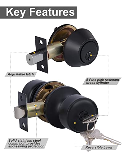Lanwandeng Keyed Alike Entry Door Knobs And Single Cylinder Deadbolt Lock Combo Set Security For Entrance And Front Door, All Keyed Same Door Lock With Classic Matte Black Finish #TOP3