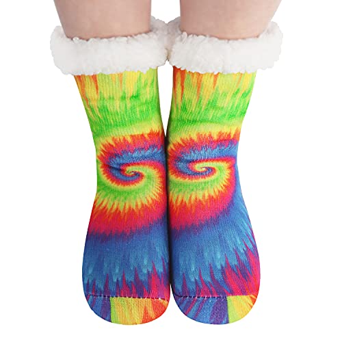 Snoozies Tie Dye Socks - Tie Dye Socks Women - Sherpa Lined Tie Dye Socks - Rainbow Women Tie Dye Socks - Tie Dye Gifts - Dk. Multi