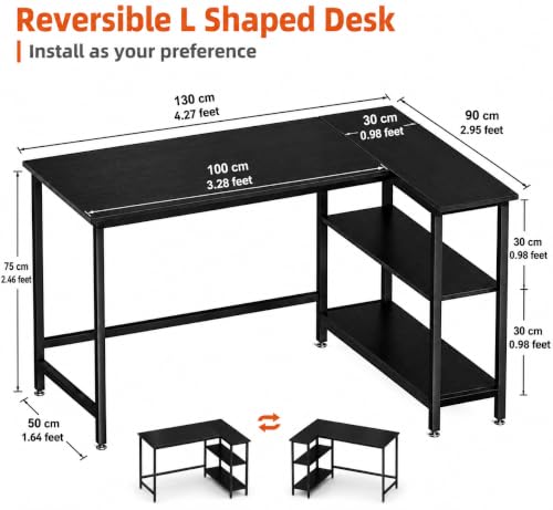 Image of L Shaped Reversible Desk| Gaming Table, Computer Corner Desk, Home Office Writing Desk with Shelf, Space-Saving Workstation Table | Black | 30x50x75 cm