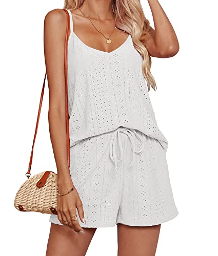 Ekouaer Cami Pajamas Set For Women V Neck Sleepwear Two Piece Tank Top And Shorts Set Loungewear White Small #TOP29