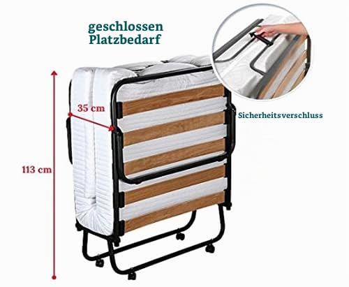 EVERGREENWEB Gästebett Klappbar mit Memoryschaum Matratze 80x190 Höhe 12 cm + Weiße Visco Kissen GRATIS Lattenrost aus Holz Stabiler Metall-Rahmen mit Rollen Platzsparend Klappbett 100% ITALIENISCH