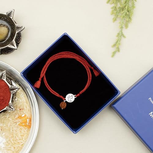 Image of Meenakari Pure 925 Sterling Silver Small Ganesha Coin with Rudraksha Rakhi set with Roli Chawal and Rakshabandhan Greeting Card For Brother /Boys /Men /Unisex