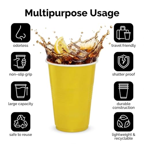 Image of FunBlast Party Drinking Glasses - 20 Pcs | 500 ML Reusable Beer Pong & Cocktail Cups | Leakproof, Strong & Durable Plastic Glass Set for Parties, Events & Celebrations (Yellow)
