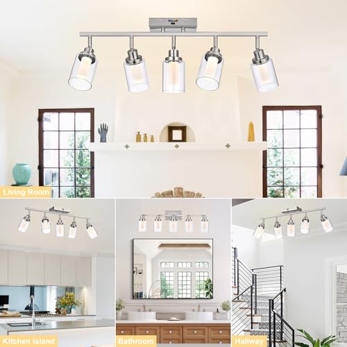 Image of 5-Color Temperature 5-Light LED Track Lighting Fixtures Ceiling, Brushed Nickel Spotlight Bathroom Wall Lamp with Integrated LED Chips & Clear Glass Shade & Frosted Column