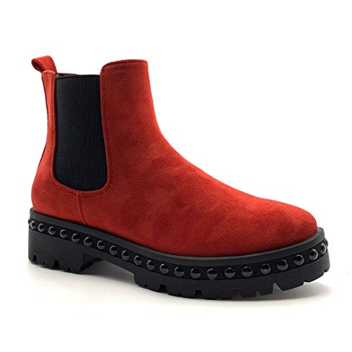 Angkorly - Zapatillas Moda Botines Botas Chelsea Boots Biker Motociclistas Glam Rock Mujer Perla Tacón Ancho 4.5 CM - Rojo HQ110 T 37
