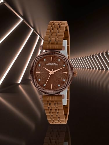 Image of French Connection Textured Brown Round Dial with Brown Stainless Steel Metal Strap Watch - for Womens FCN0133BRM