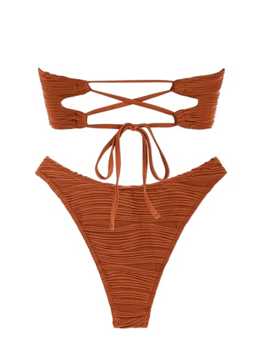 Image of ZAFUL Women Strapless Textured Bandeau Bikini 2 Piece Swimwear Cheeky Solid Lace up Bathing Suits