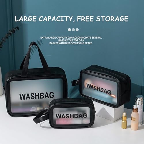 Image of KUKLAR Wash Bag Pouch for Travel Kit Toiletry Bag Nylon Cosmetic Bag Make Up Box for Brushes, Accessories with Handle, Large Capacity Translucent Waterproof Travel Storage OrganizerSet of 3 (Black)