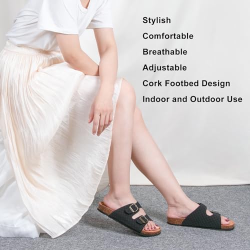 Image of Women's Comfy Arch Support Cork Footbed Adjustable Knitting Straps Indoor and Outdoor Slides Sandals
