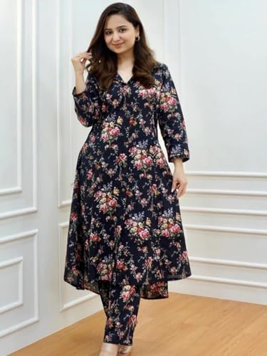 Image of DHRUVI TRENDZ Anarkali Kurta-Set for Women - Viscose Rayon Printed Kurta & Straight Pant | Festive Ethnic Indian Traditional Outfit for Functions & Puja | Lightweight Two Piece Dress for Daily Wear & Holiday Look | 3 /4 Sleeve
