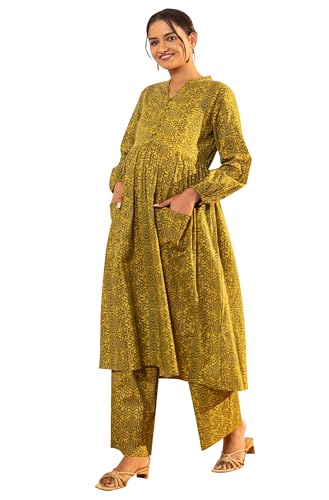 Image of Janasya Women's Pure Cotton Floral Printed A-line Maternity Kurta Pant Set