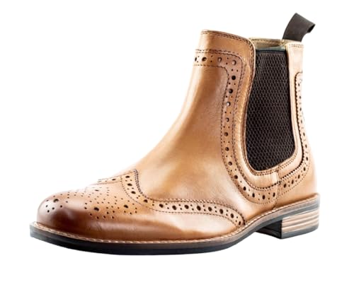 Men's Leather Brogue Chelsea Ankle Boots with Twin Gussets, Slip-On (Tan, UK Footwear Size System, Adult, Men, Numeric, Medium, 9)
