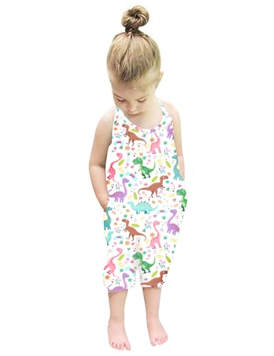 Lindanina 3T 4T Girl Dinosaur Cute Outfit Clothes Toddler Summer Spring Jumpsuits Kids Backless Halter Sleeveless One Piece Overalls Party with Pockets